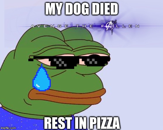 Pepe the Frog | MY DOG DIED; REST IN PIZZA | image tagged in pepe the frog | made w/ Imgflip meme maker