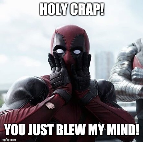 Surprised Deadpool | HOLY CRAP! YOU JUST BLEW MY MIND! | image tagged in surprised deadpool | made w/ Imgflip meme maker