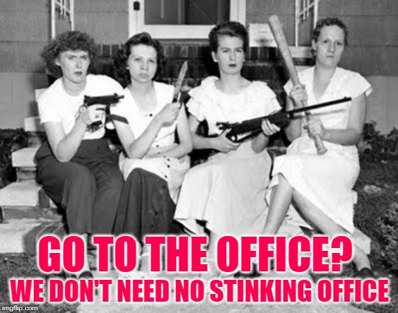 Armed & Domesticated | GO TO THE OFFICE? WE DON'T NEED NO STINKING OFFICE | image tagged in women--weapons,strong women,role model,sassy,empowerment,funny memes | made w/ Imgflip meme maker