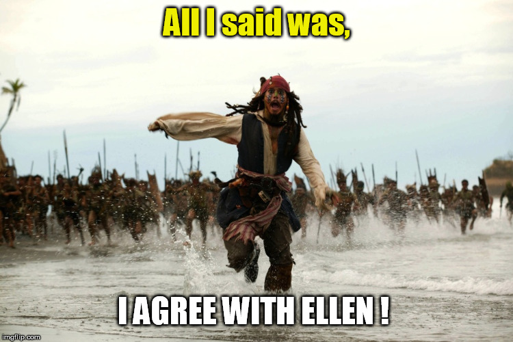 Agree With Ellen | All I said was, I AGREE WITH ELLEN ! | image tagged in funny memes,political meme,ellen degeneres,stupid liberals,jack sparrow being chased | made w/ Imgflip meme maker