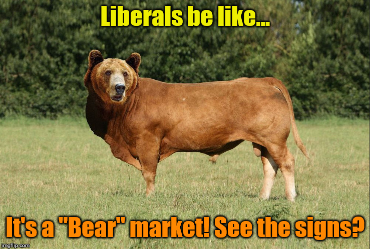 Liberal Bear Market! | Liberals be like... It's a "Bear" market! See the signs? | image tagged in bear bull,political meme,liberal logic,stupid liberals,stock market,bullshit | made w/ Imgflip meme maker