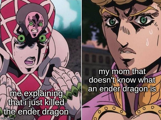 Concerned Giorno | my mom that doesn't know what an ender dragon is; me explaining that i just killed the ender dragon | image tagged in concerned giorno | made w/ Imgflip meme maker