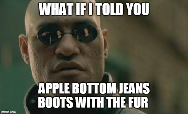 Matrix Morpheus Meme | WHAT IF I TOLD YOU; APPLE BOTTOM JEANS
BOOTS WITH THE FUR | image tagged in memes,matrix morpheus | made w/ Imgflip meme maker