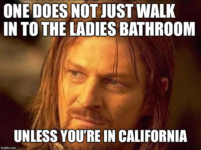 ONE DOES NOT JUST WALK IN TO THE LADIES BATHROOM; UNLESS YOU’RE IN CALIFORNIA | made w/ Imgflip meme maker