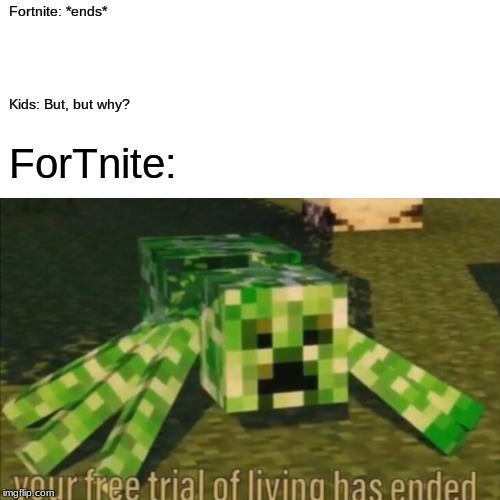 Fortnite: *ends*; Kids: But, but why? ForTnite: | image tagged in your free trial of living has ended | made w/ Imgflip meme maker