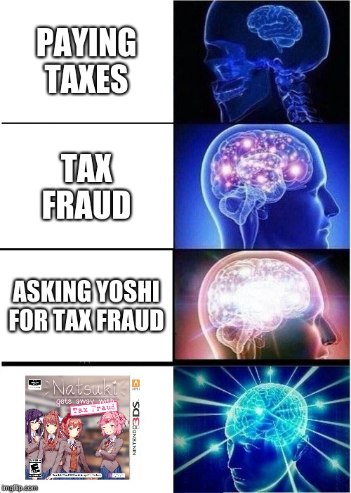 Expanding Brain | PAYING TAXES; TAX FRAUD; ASKING YOSHI FOR TAX FRAUD | image tagged in memes,expanding brain | made w/ Imgflip meme maker