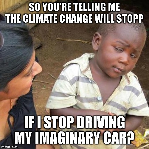 Third World Skeptical Kid Meme | SO YOU'RE TELLING ME THE CLIMATE CHANGE WILL STOPP; IF I STOP DRIVING MY IMAGINARY CAR? | image tagged in memes,third world skeptical kid | made w/ Imgflip meme maker