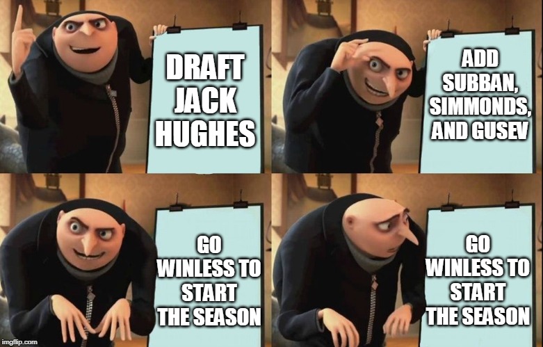 Gru's Plan Meme | ADD SUBBAN, SIMMONDS, AND GUSEV; DRAFT JACK HUGHES; GO WINLESS TO START THE SEASON; GO WINLESS TO START THE SEASON | image tagged in despicable me diabolical plan gru template,devils | made w/ Imgflip meme maker