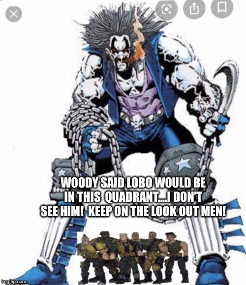 Small Soldiers hunting Lobo | WOODY SAID LOBO WOULD BE IN THIS  QUADRANT....I DON’T SEE HIM!  KEEP ON THE LOOK OUT MEN! | image tagged in small soldiers hunting lobo | made w/ Imgflip meme maker
