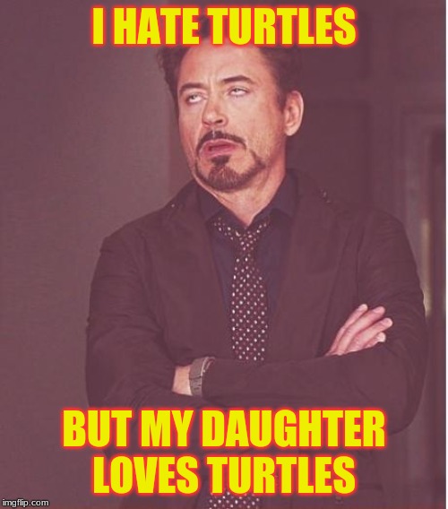 Face You Make Robert Downey Jr Meme | I HATE TURTLES; BUT MY DAUGHTER LOVES TURTLES | image tagged in memes,face you make robert downey jr | made w/ Imgflip meme maker