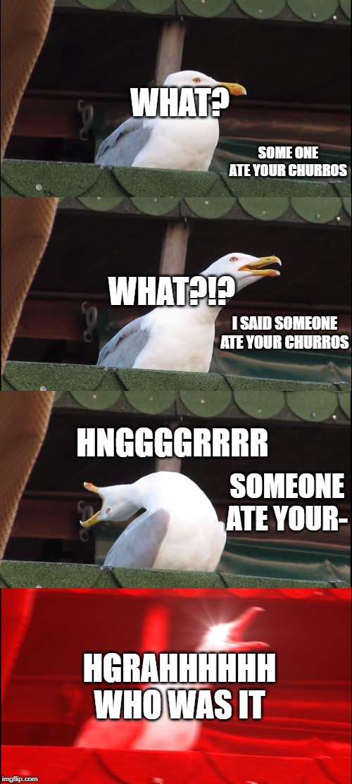 Inhaling Seagull | WHAT? SOME ONE ATE YOUR CHURROS; WHAT?!? I SAID SOMEONE ATE YOUR CHURROS; HNGGGGRRRR; SOMEONE ATE YOUR-; HGRAHHHHHH
WHO WAS IT | image tagged in memes,inhaling seagull | made w/ Imgflip meme maker