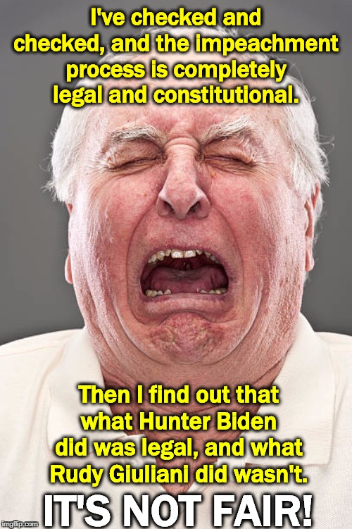 Conservative tears - Impeachment Edition | I've checked and checked, and the impeachment process is completely legal and constitutional. Then I find out that what Hunter Biden did was legal, and what Rudy Giuliani did wasn't. IT'S NOT FAIR! | image tagged in conservative tears,impeachment,biden,rudy giuliani,legal,constitutional | made w/ Imgflip meme maker