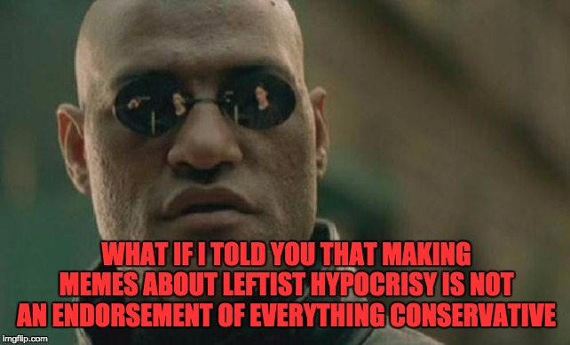 Matrix Morpheus | WHAT IF I TOLD YOU THAT MAKING MEMES ABOUT LEFTIST HYPOCRISY IS NOT AN ENDORSEMENT OF EVERYTHING CONSERVATIVE | image tagged in memes,matrix morpheus | made w/ Imgflip meme maker