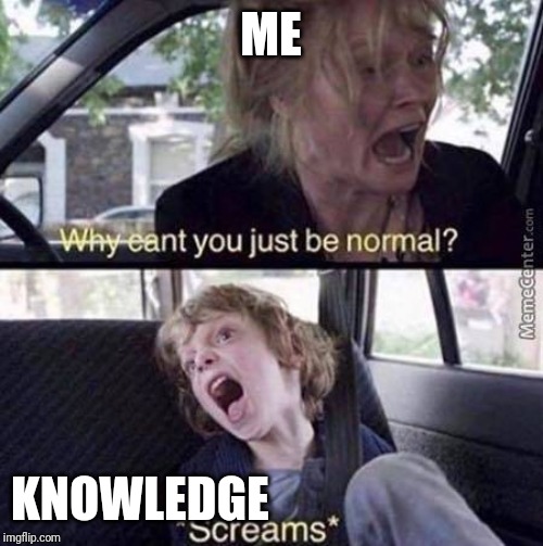Why Can't You Just Be Normal | ME; KNOWLEDGE | image tagged in why can't you just be normal | made w/ Imgflip meme maker