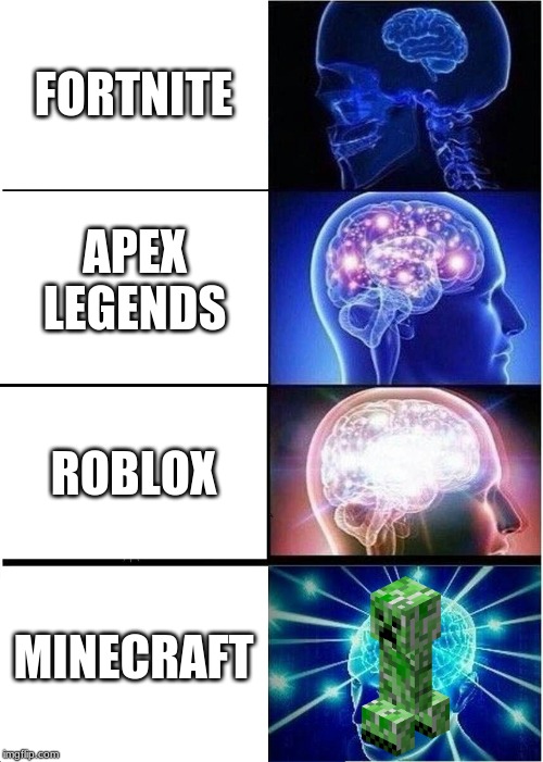Expanding Brain | FORTNITE; APEX LEGENDS; ROBLOX; MINECRAFT | image tagged in memes,expanding brain | made w/ Imgflip meme maker