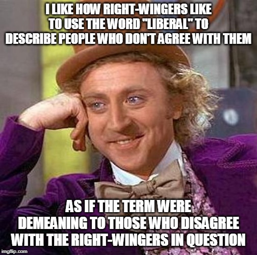 Funny 2 | I LIKE HOW RIGHT-WINGERS LIKE TO USE THE WORD "LIBERAL" TO DESCRIBE PEOPLE WHO DON'T AGREE WITH THEM; AS IF THE TERM WERE DEMEANING TO THOSE WHO DISAGREE WITH THE RIGHT-WINGERS IN QUESTION | image tagged in memes,creepy condescending wonka,right-wing,right wing,stereotype,stereotypes | made w/ Imgflip meme maker