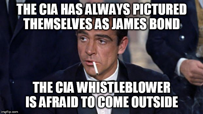 James Bond | THE CIA HAS ALWAYS PICTURED THEMSELVES AS JAMES BOND; THE CIA WHISTLEBLOWER IS AFRAID TO COME OUTSIDE | image tagged in james bond | made w/ Imgflip meme maker