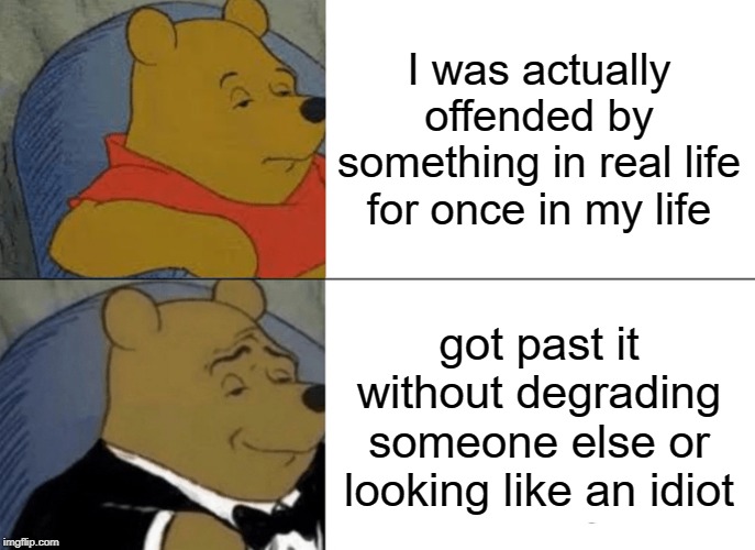 Tuxedo Winnie The Pooh Meme | I was actually offended by something in real life for once in my life; got past it without degrading someone else or looking like an idiot | image tagged in memes,tuxedo winnie the pooh | made w/ Imgflip meme maker