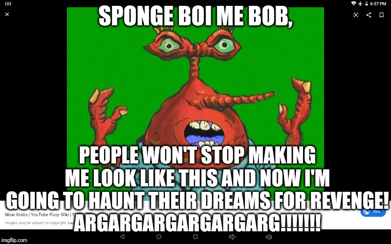 WHY?! | SPONGE BOI ME BOB, PEOPLE WON'T STOP MAKING ME LOOK LIKE THIS AND NOW I'M GOING TO HAUNT THEIR DREAMS FOR REVENGE!
ARGARGARGARGARGARG!!!!!!! | image tagged in wtf mr krabs | made w/ Imgflip meme maker