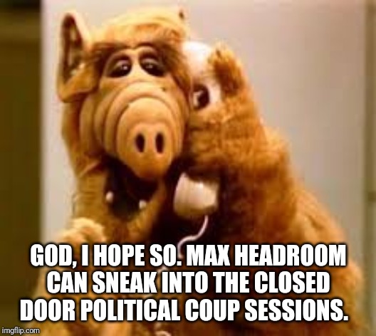 alf | GOD, I HOPE SO. MAX HEADROOM CAN SNEAK INTO THE CLOSED DOOR POLITICAL COUP SESSIONS. | image tagged in alf | made w/ Imgflip meme maker