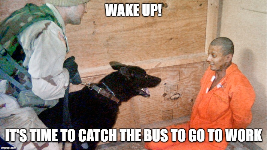 Abu Wake up |  WAKE UP! IT'S TIME TO CATCH THE BUS TO GO TO WORK | image tagged in guantanamo | made w/ Imgflip meme maker
