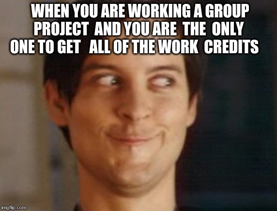 Spiderman Peter Parker Meme | WHEN YOU ARE WORKING A GROUP PROJECT  AND YOU ARE  THE  ONLY ONE TO GET   ALL OF THE WORK  CREDITS | image tagged in memes,spiderman peter parker | made w/ Imgflip meme maker