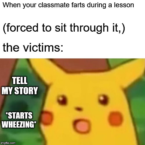 Commit to the truth! Do it!!! | When your classmate farts during a lesson; (forced to sit through it,); the victims:; TELL MY STORY; *STARTS WHEEZING* | image tagged in memes,surprised pikachu,funny,funny memes,gifs,reality | made w/ Imgflip meme maker