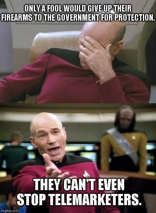 Picard Facepalm WTF Combo | ONLY A FOOL WOULD GIVE UP THEIR FIREARMS TO THE GOVERNMENT FOR PROTECTION. THEY CAN'T EVEN STOP TELEMARKETERS. | image tagged in picard facepalm wtf combo | made w/ Imgflip meme maker