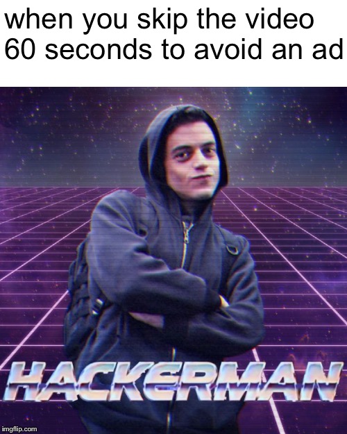 hackertube | when you skip the video 60 seconds to avoid an ad | image tagged in hackerman,memes,youtube,skipper | made w/ Imgflip meme maker