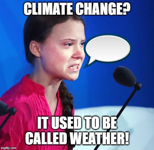 Ecofascist Greta Thunberg | CLIMATE CHANGE? IT USED TO BE CALLED WEATHER! | image tagged in ecofascist greta thunberg | made w/ Imgflip meme maker