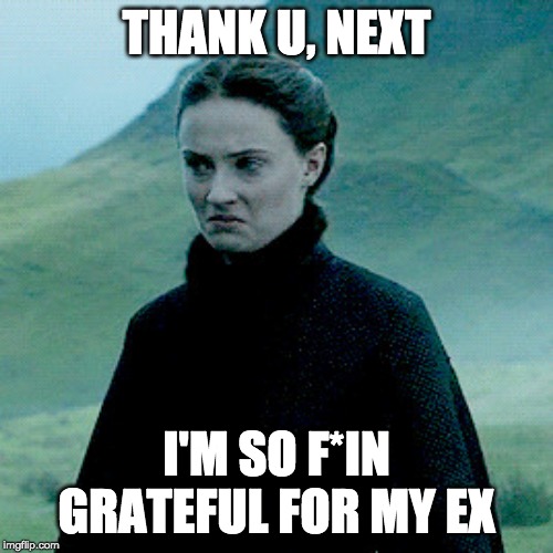 Sansa | THANK U, NEXT; I'M SO F*IN GRATEFUL FOR MY EX | image tagged in sansa | made w/ Imgflip meme maker