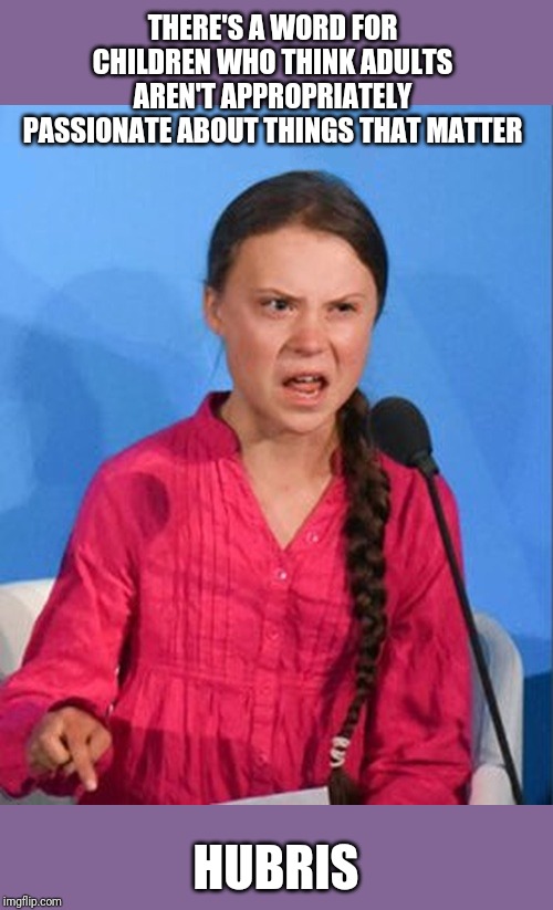 Grow Up | THERE'S A WORD FOR CHILDREN WHO THINK ADULTS AREN'T APPROPRIATELY PASSIONATE ABOUT THINGS THAT MATTER; HUBRIS | image tagged in greta thunberg how dare you | made w/ Imgflip meme maker