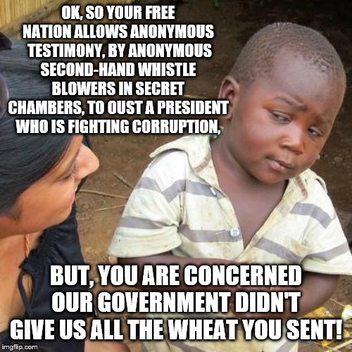 Third World Skeptical Kid Meme | OK, SO YOUR FREE NATION ALLOWS ANONYMOUS  TESTIMONY, BY ANONYMOUS SECOND-HAND WHISTLE BLOWERS IN SECRET CHAMBERS, TO OUST A PRESIDENT WHO IS FIGHTING CORRUPTION, BUT, YOU ARE CONCERNED OUR GOVERNMENT DIDN'T GIVE US ALL THE WHEAT YOU SENT! | image tagged in memes,third world skeptical kid | made w/ Imgflip meme maker