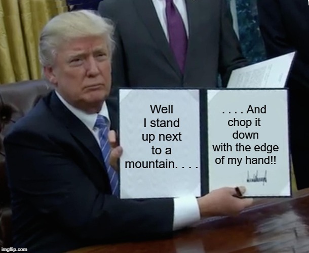 Trump Bill Signing Meme | Well I stand up next to a mountain. . . . . . . . And 
chop it 
down with the edge of my hand!! | image tagged in memes,trump bill signing | made w/ Imgflip meme maker
