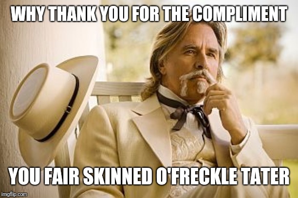 Southern Gentleman | WHY THANK YOU FOR THE COMPLIMENT YOU FAIR SKINNED O'FRECKLE TATER | image tagged in southern gentleman | made w/ Imgflip meme maker