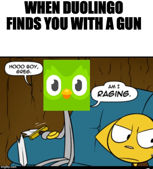 Raging Dink | WHEN DUOLINGO FINDS YOU WITH A GUN | image tagged in raging dink | made w/ Imgflip meme maker