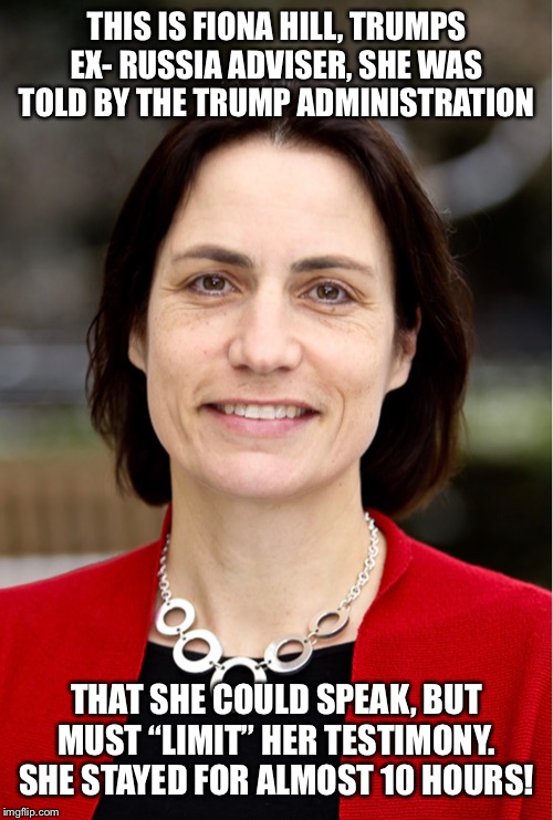 THIS IS FIONA HILL, TRUMPS EX- RUSSIA ADVISER, SHE WAS TOLD BY THE TRUMP ADMINISTRATION; THAT SHE COULD SPEAK, BUT MUST “LIMIT” HER TESTIMONY. SHE STAYED FOR ALMOST 10 HOURS! | image tagged in fiona hill,trump impeachment,trump ukraine,trump meme,impeach trump,fiona hill meme | made w/ Imgflip meme maker