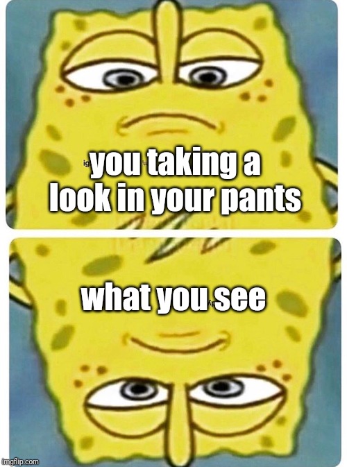 you taking a look in your pants what you see | image tagged in sponge bob looking down | made w/ Imgflip meme maker