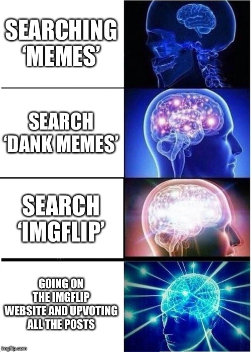 Expanding Brain Meme | SEARCHING ‘MEMES’; SEARCH ‘DANK MEMES’; SEARCH ‘IMGFLIP’; GOING ON THE IMGFLIP WEBSITE AND UPVOTING ALL THE POSTS | image tagged in memes,expanding brain | made w/ Imgflip meme maker