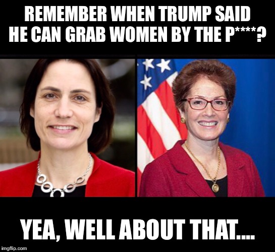 REMEMBER WHEN TRUMP SAID HE CAN GRAB WOMEN BY THE P****? YEA, WELL ABOUT THAT.... | image tagged in trump meme,trump ukraine,trump impeachment,impeach trump,marie yovanovitch,fiona hill | made w/ Imgflip meme maker