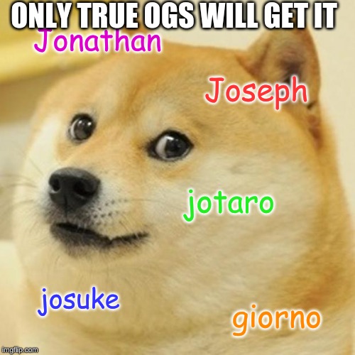 Doge Meme | ONLY TRUE OGS WILL GET IT; Jonathan; Joseph; jotaro; josuke; giorno | image tagged in memes,doge | made w/ Imgflip meme maker