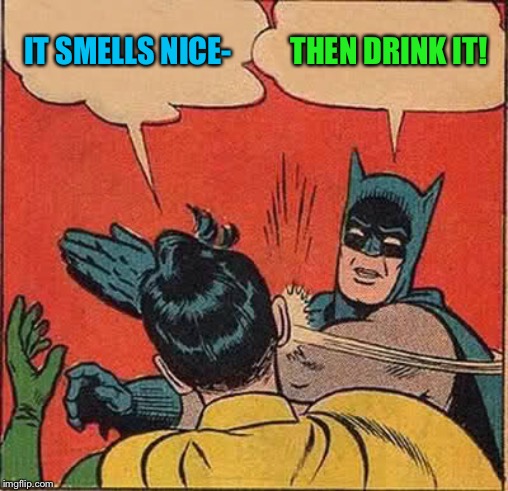 Batman Slapping Robin Meme | IT SMELLS NICE- THEN DRINK IT! | image tagged in memes,batman slapping robin | made w/ Imgflip meme maker