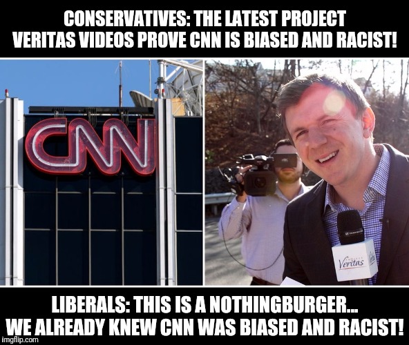 Fake news, fake views. | CONSERVATIVES: THE LATEST PROJECT VERITAS VIDEOS PROVE CNN IS BIASED AND RACIST! LIBERALS: THIS IS A NOTHINGBURGER... WE ALREADY KNEW CNN WAS BIASED AND RACIST! | image tagged in cnn fake news,biased media,media lies | made w/ Imgflip meme maker