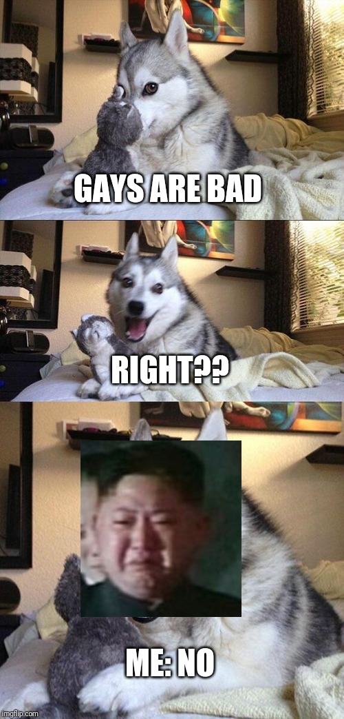 Bad Pun Dog | GAYS ARE BAD; RIGHT?? ME: NO | image tagged in memes,bad pun dog | made w/ Imgflip meme maker