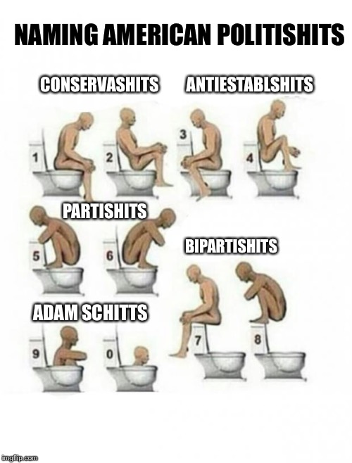 Toilets | NAMING AMERICAN POLITISHITS; ANTIESTABLSHITS; CONSERVASHITS; PARTISHITS; BIPARTISHITS; ADAM SCHITTS | image tagged in toilets | made w/ Imgflip meme maker