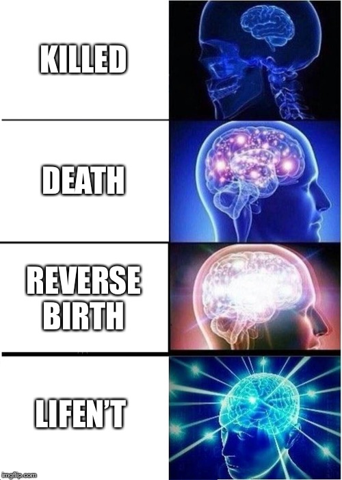Expanding Brain | KILLED; DEATH; REVERSE BIRTH; LIFEN’T | image tagged in memes,expanding brain | made w/ Imgflip meme maker