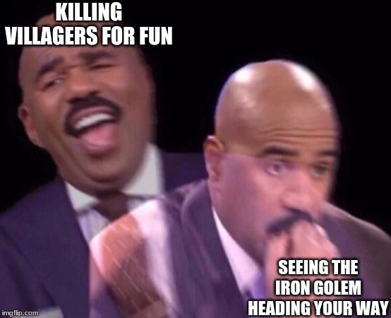 Steve Harvey Laughing Serious | KILLING VILLAGERS FOR FUN SEEING THE IRON GOLEM HEADING YOUR WAY | image tagged in steve harvey laughing serious | made w/ Imgflip meme maker