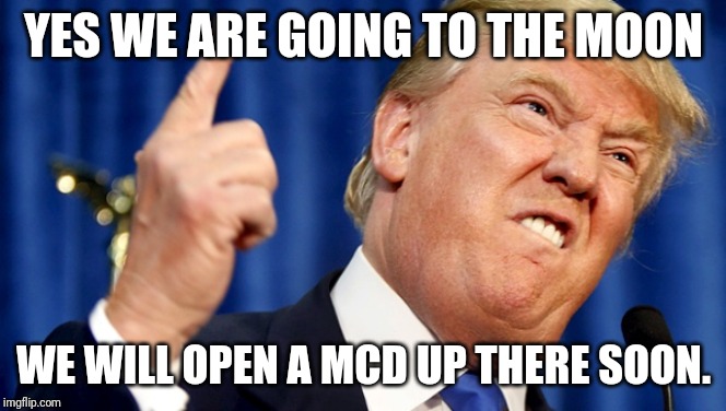Mad Trump | YES WE ARE GOING TO THE MOON; WE WILL OPEN A MCD UP THERE SOON. | image tagged in mad trump | made w/ Imgflip meme maker