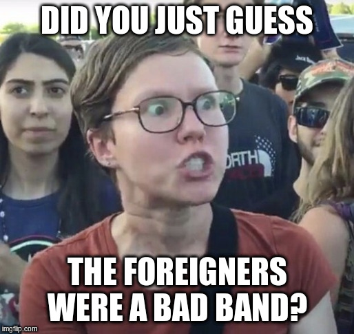 Triggered feminist | DID YOU JUST GUESS THE FOREIGNERS WERE A BAD BAND? | image tagged in triggered feminist | made w/ Imgflip meme maker