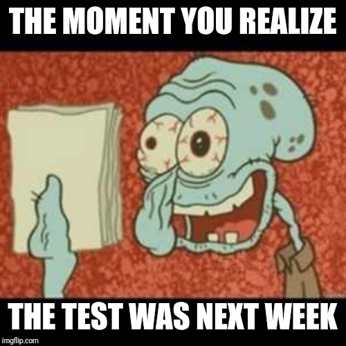 Stressed out Squidward | THE MOMENT YOU REALIZE; THE TEST WAS NEXT WEEK | image tagged in stressed out squidward | made w/ Imgflip meme maker